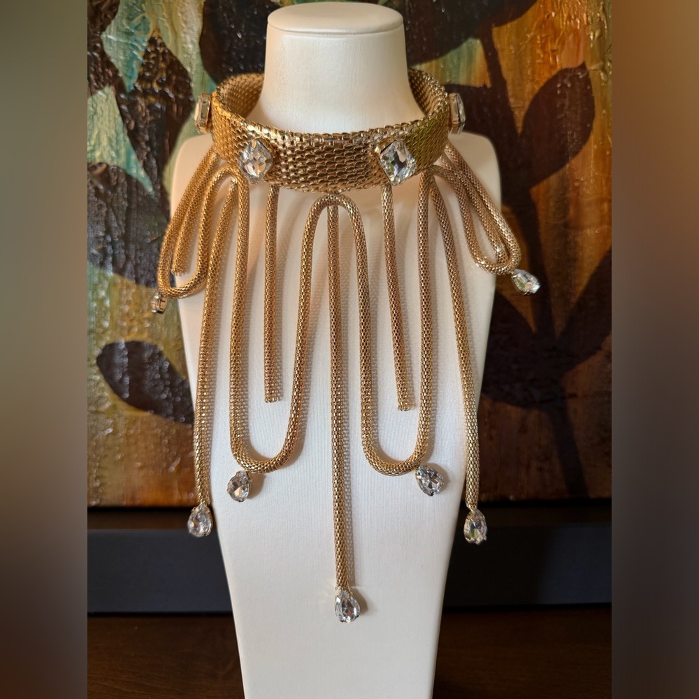 Vintage Gold Tone Mesh Waterfall Choker With Rhinestones